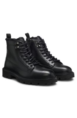 Bottines en cuir avec doublure en fourrure synth&eacute;tique, Noir