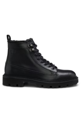 Bottines en cuir avec doublure en fourrure synth&eacute;tique, Noir