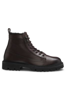 Bottines en cuir avec doublure en fourrure synth&eacute;tique, Marron fonc&eacute;