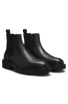 Grained leather boots with elastic side panels, Black