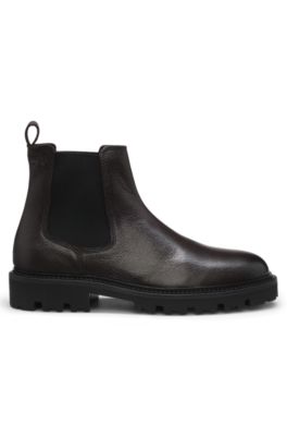 Bottines en cuir grain&eacute; &agrave; empi&egrave;cements lat&eacute;raux &eacute;lastiques, Marron fonc&eacute;