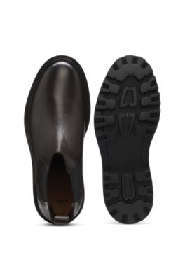Bottines en cuir grain&eacute; &agrave; empi&egrave;cements lat&eacute;raux &eacute;lastiques, Marron fonc&eacute;