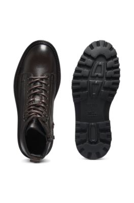 Grained-leather half boots with hiking-style laces, Dark Brown