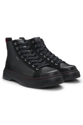 High-top boots in leather and faux suede, Black