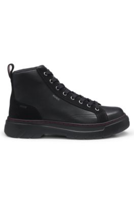 High-top boots in leather and faux suede, Black