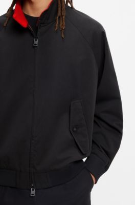 Twill bomber jacket with buttoned stand collar, Black