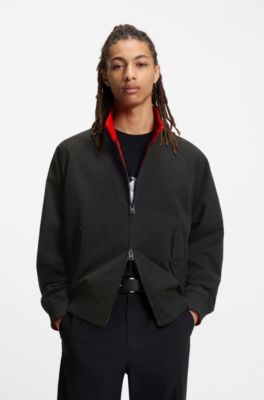 Twill bomber jacket with buttoned stand collar, Black