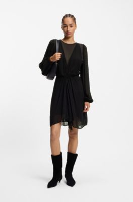 Vestido de lunares con detalles drapeados, Negro