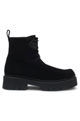 Suede boots with removable logo tag, Black