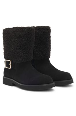 Suede biker boots with faux-fur trim, Black