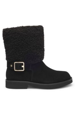 Suede biker boots with faux-fur trim, Black
