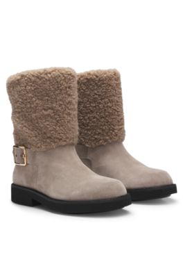 Suede biker boots with faux-fur trim, Light Brown