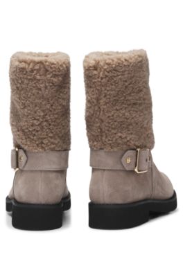 Suede biker boots with faux-fur trim, Light Brown