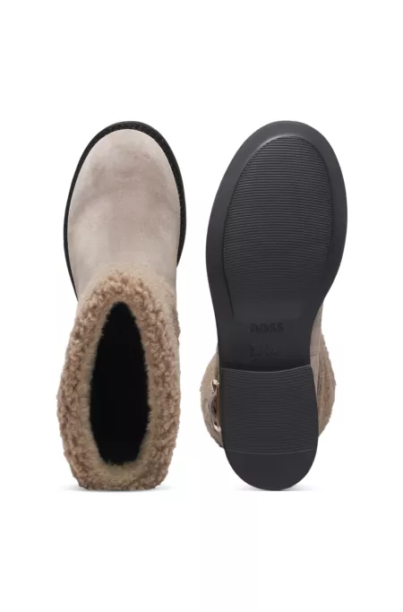 Suede biker boots with faux-fur trim