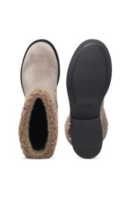 Suede biker boots with faux-fur trim, Light Brown