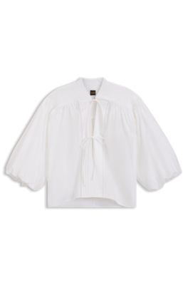 Blusa relaxed fit en popel&iacute;n de algod&oacute;n con lazo en el cuello, Blanco