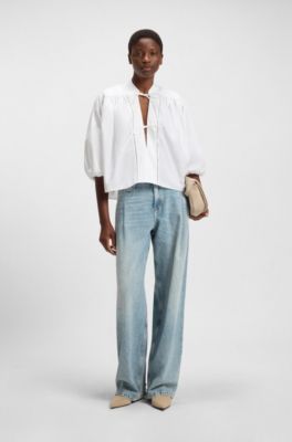 Blusa relaxed fit en popel&iacute;n de algod&oacute;n con lazo en el cuello, Blanco