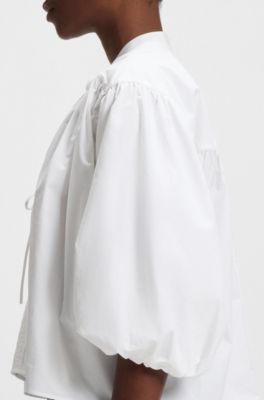 Blusa relaxed fit en popel&iacute;n de algod&oacute;n con lazo en el cuello, Blanco