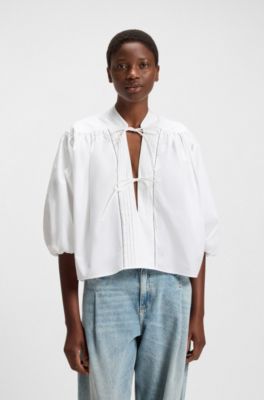 Blusa relaxed fit en popel&iacute;n de algod&oacute;n con lazo en el cuello, Blanco