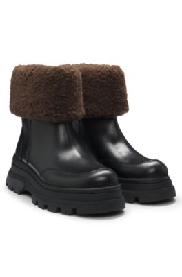 Leather boots with faux-fur trim, Black
