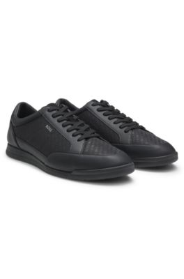Leather-trim trainers with monogram jacquard, Black