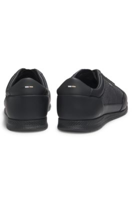 Leather-trim trainers with monogram jacquard, Black