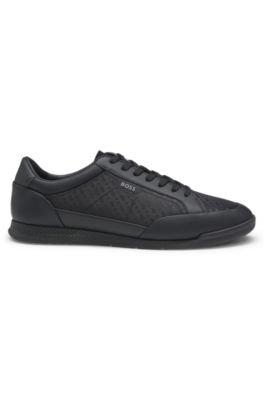 Leather-trim trainers with monogram jacquard, Black
