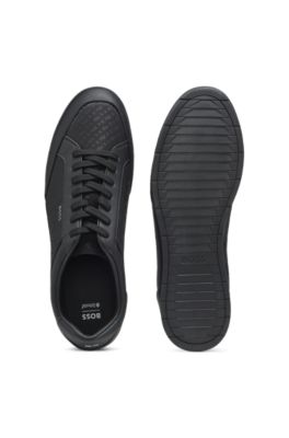 Leather-trim trainers with monogram jacquard, Black