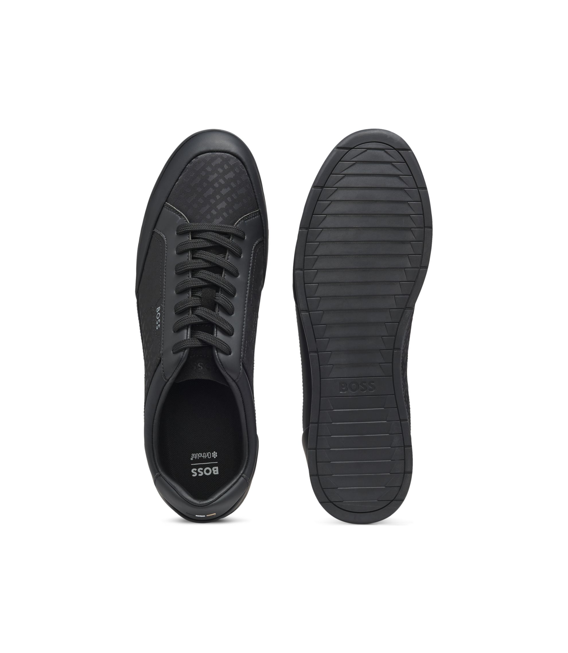 BOSS - Leather-trim trainers with monogram jacquard - Black