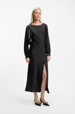Vestido maxi de manga larga en sat&eacute;n con espalda en cascada, Negro