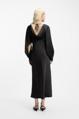 Vestido maxi de manga larga en sat&eacute;n con espalda en cascada, Negro
