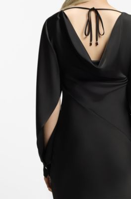Satin maxi dress with waterfall back, Black