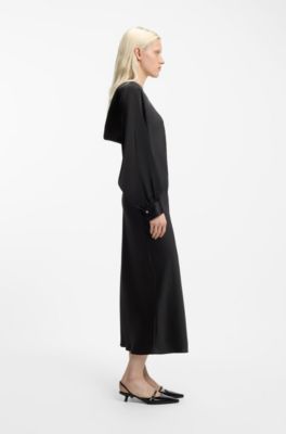 Robe longue en satin avec manches longues et dos effet cascade, Noir