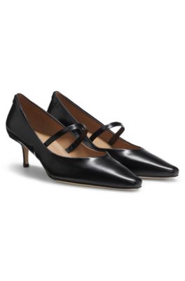 Strap-detail pumps in polished leather, Black