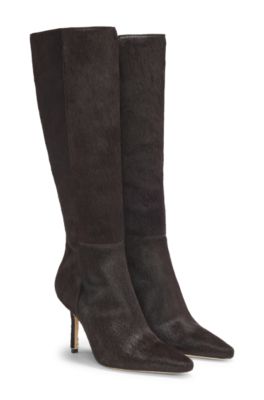 Botas hasta la rodilla en piel de becerro con pelo, P&uacute;rpura oscuro