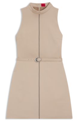 Tunic dress with belt and piping, Light Brown