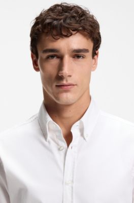 Camisa regular fit en dobby de algod&oacute;n el&aacute;stico, Blanco