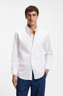 Regular-fit shirt in stretch-cotton dobby, White