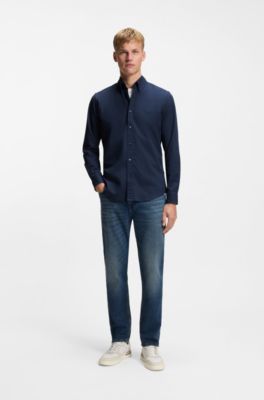 Camisa regular fit en dobby de algod&oacute;n el&aacute;stico, Celeste