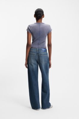 Jean Loose en denim bleu &agrave; ourlets effiloch&eacute;s, Bleu