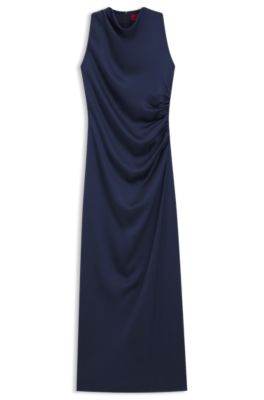 Robe longue en satin &agrave; d&eacute;tails fronc&eacute;s, Bleu fonc&eacute;