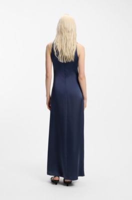 Robe longue en satin &agrave; d&eacute;tails fronc&eacute;s, Bleu fonc&eacute;