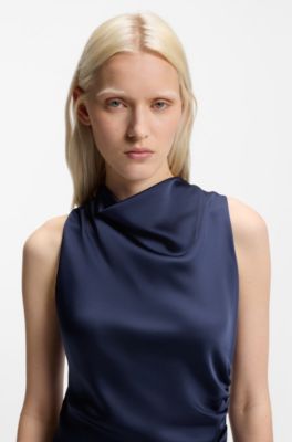 Robe longue en satin &agrave; d&eacute;tails fronc&eacute;s, Bleu fonc&eacute;