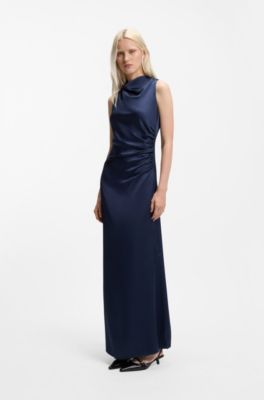 Robe longue en satin &agrave; d&eacute;tails fronc&eacute;s, Bleu fonc&eacute;