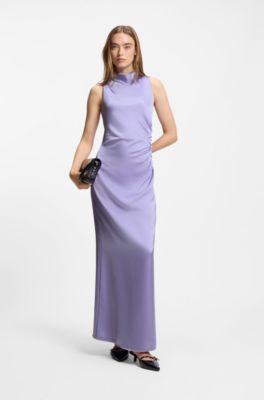 Vestido maxi de sat&eacute;n con detalles fruncidos, Lila