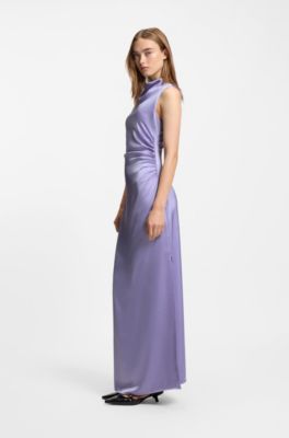 Vestido maxi de sat&eacute;n con detalles fruncidos, Lila