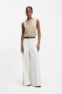 Sateen top with rounded collar, Light Beige