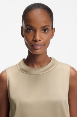 Sateen top with rounded collar, Light Beige