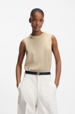 Sateen top with rounded collar, Light Beige