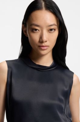 Sateen top with rounded collar, Dark Blue